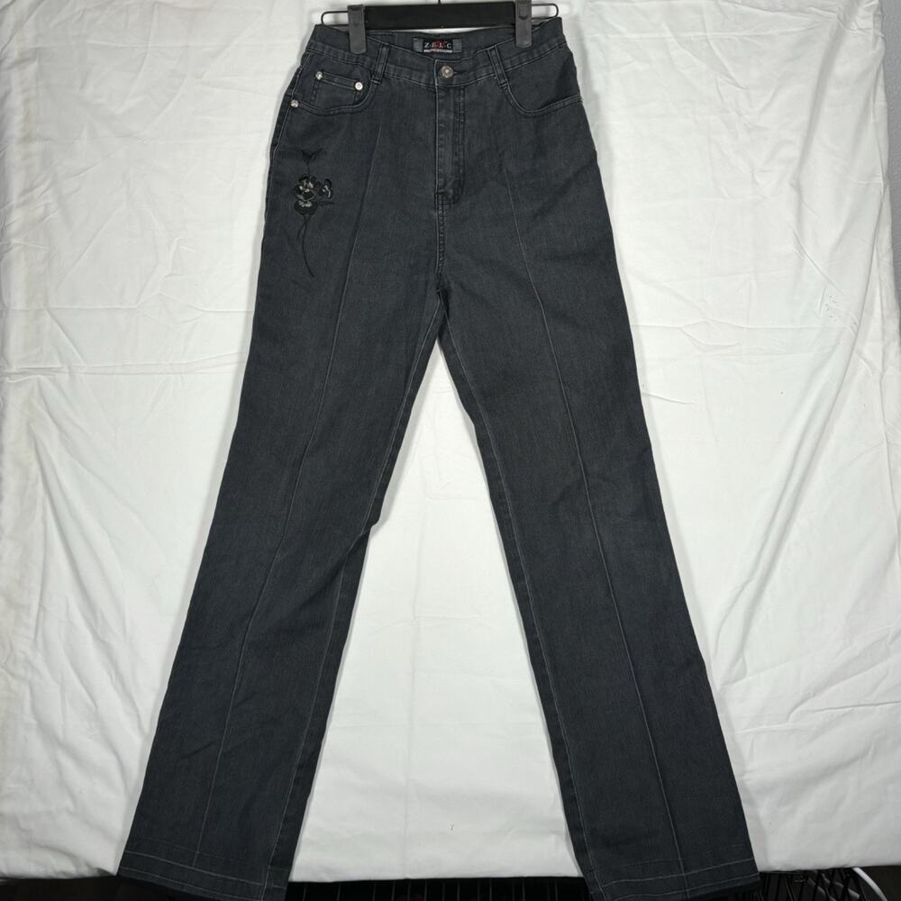 ZELC Jean Wear Women Y2K Embroidered Flower Black Denim Straight Leg Jeans 27x30